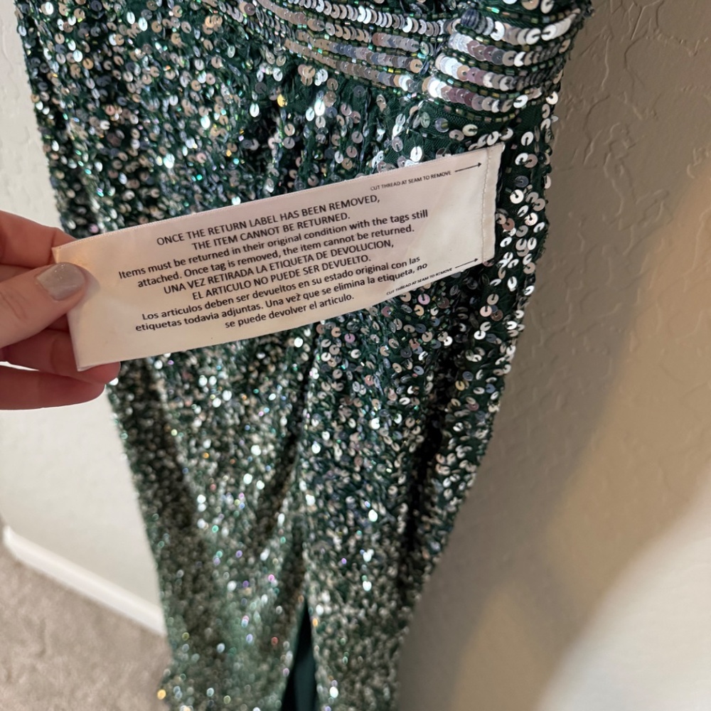NWT MAC DUGGAL Forest Green Cap Sleeve Sequined High Slit Gown - 4 - Picture 8 of 8